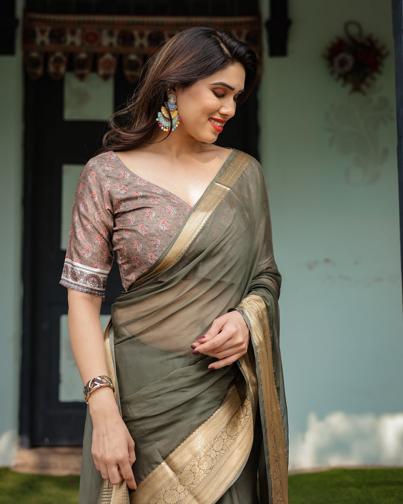 Elegant Olive Green Plain Chiffon Saree with Gold Zari Border, Floral Printed Blouse & Tassel Detailing CHIFFON