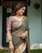 Load image into Gallery viewer, Elegant Olive Green Plain Chiffon Saree with Gold Zari Border, Floral Printed Blouse &amp; Tassel Detailing CHIFFON