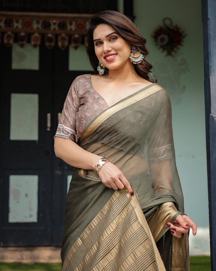 Elegant Olive Green Plain Chiffon Saree with Gold Zari Border, Floral Printed Blouse & Tassel Detailing CHIFFON