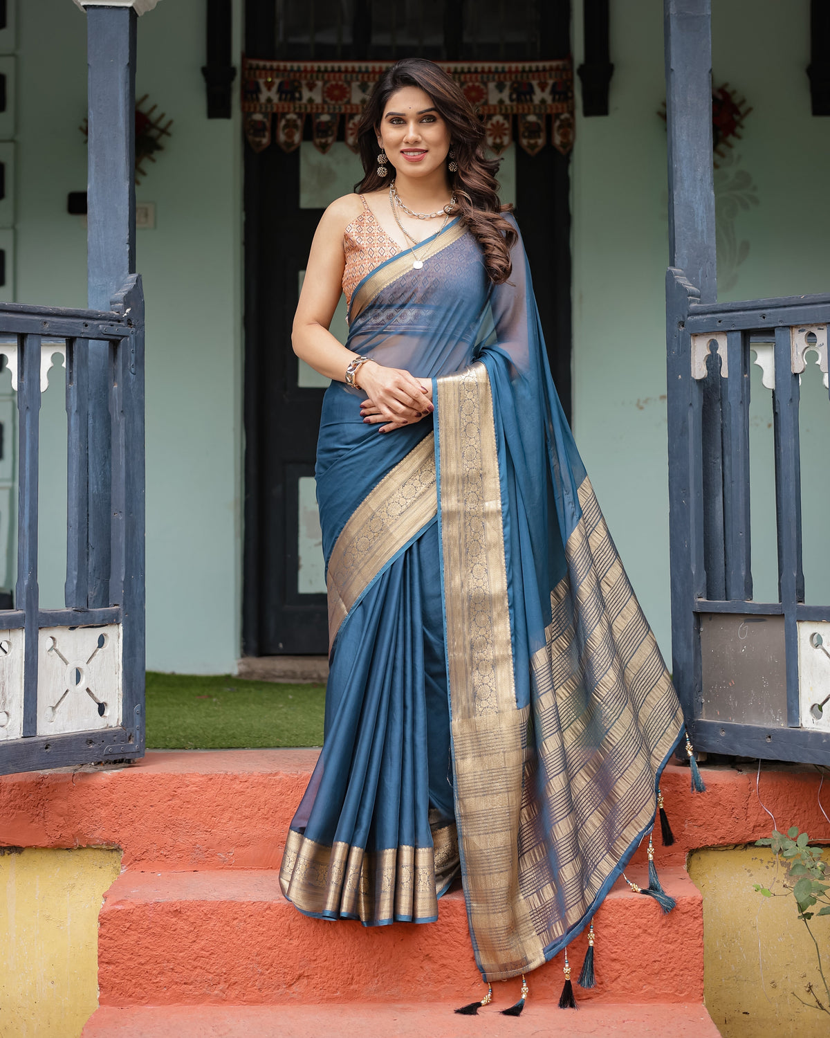Teal Blue Plain Chiffon Saree with Gold Zari Border, Geometric Printed Blouse & Tassel Detailing CHIFFON Main image