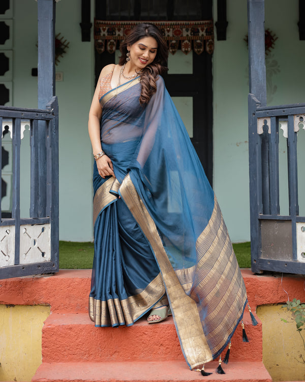 Teal Blue Plain Chiffon Saree with Gold Zari Border, Geometric Printed Blouse & Tassel Detailing CHIFFON