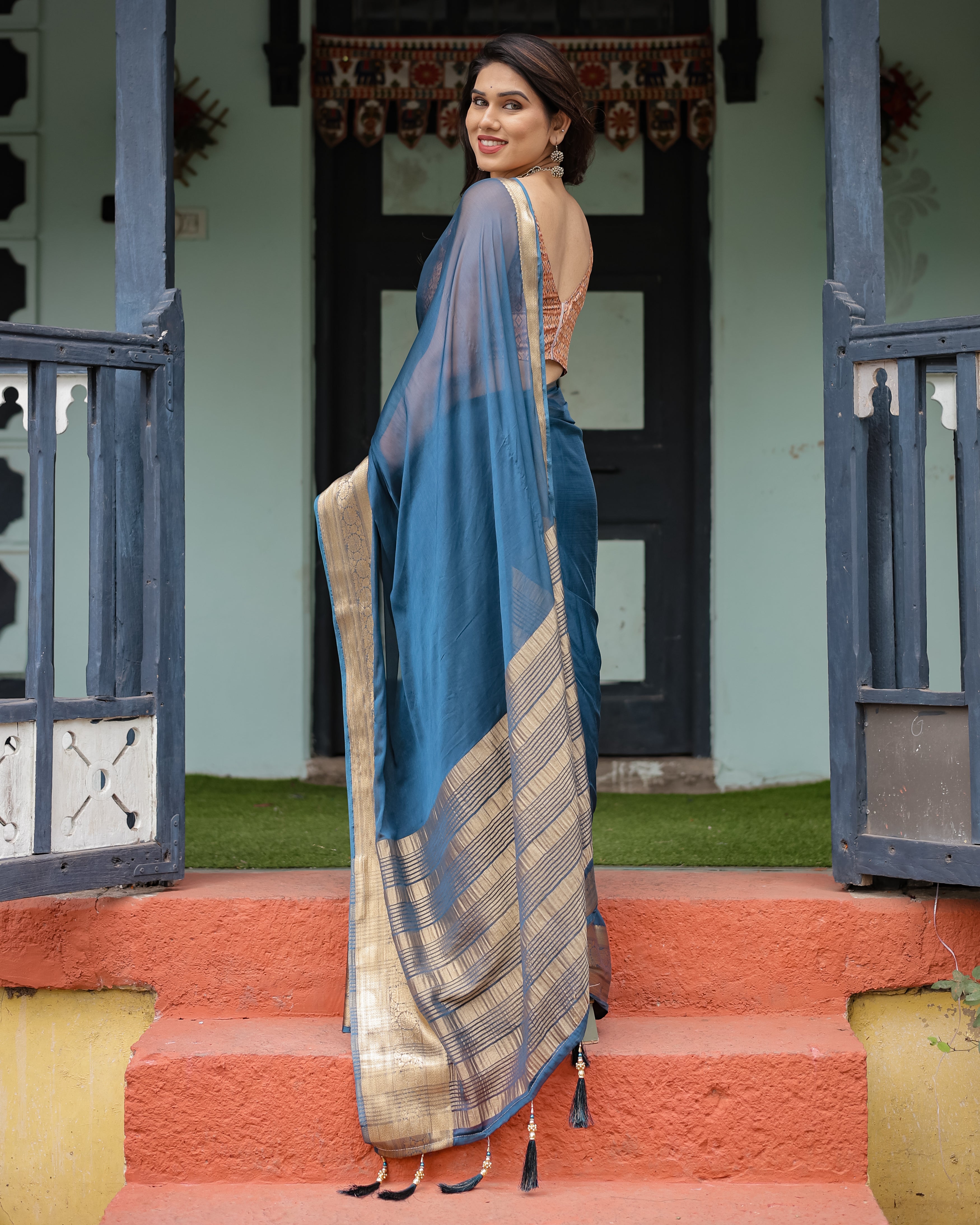 Teal Blue Plain Chiffon Saree with Gold Zari Border, Geometric Printed Blouse & Tassel Detailing CHIFFON
