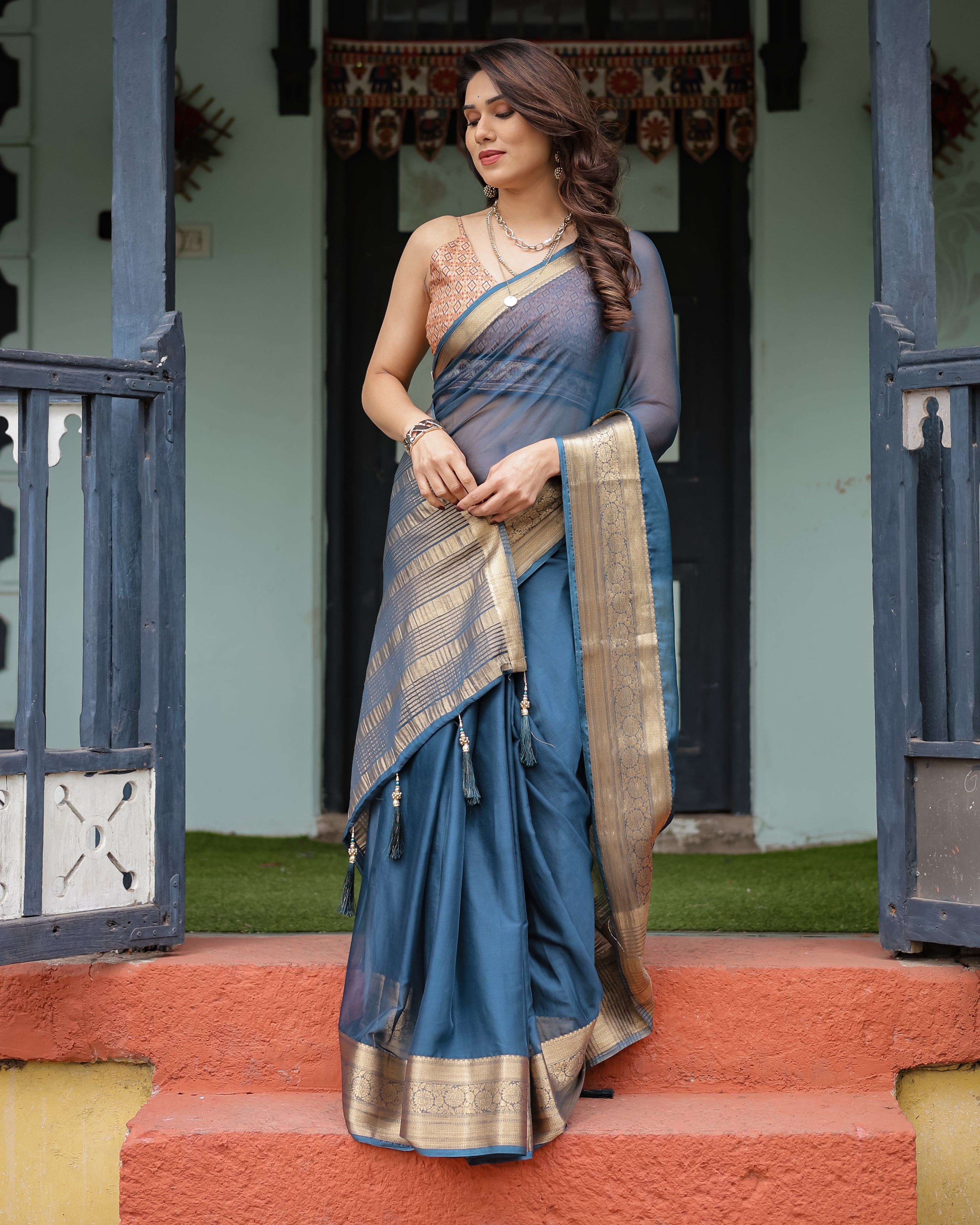 Teal Blue Plain Chiffon Saree with Gold Zari Border, Geometric Printed Blouse & Tassel Detailing Secondary image
