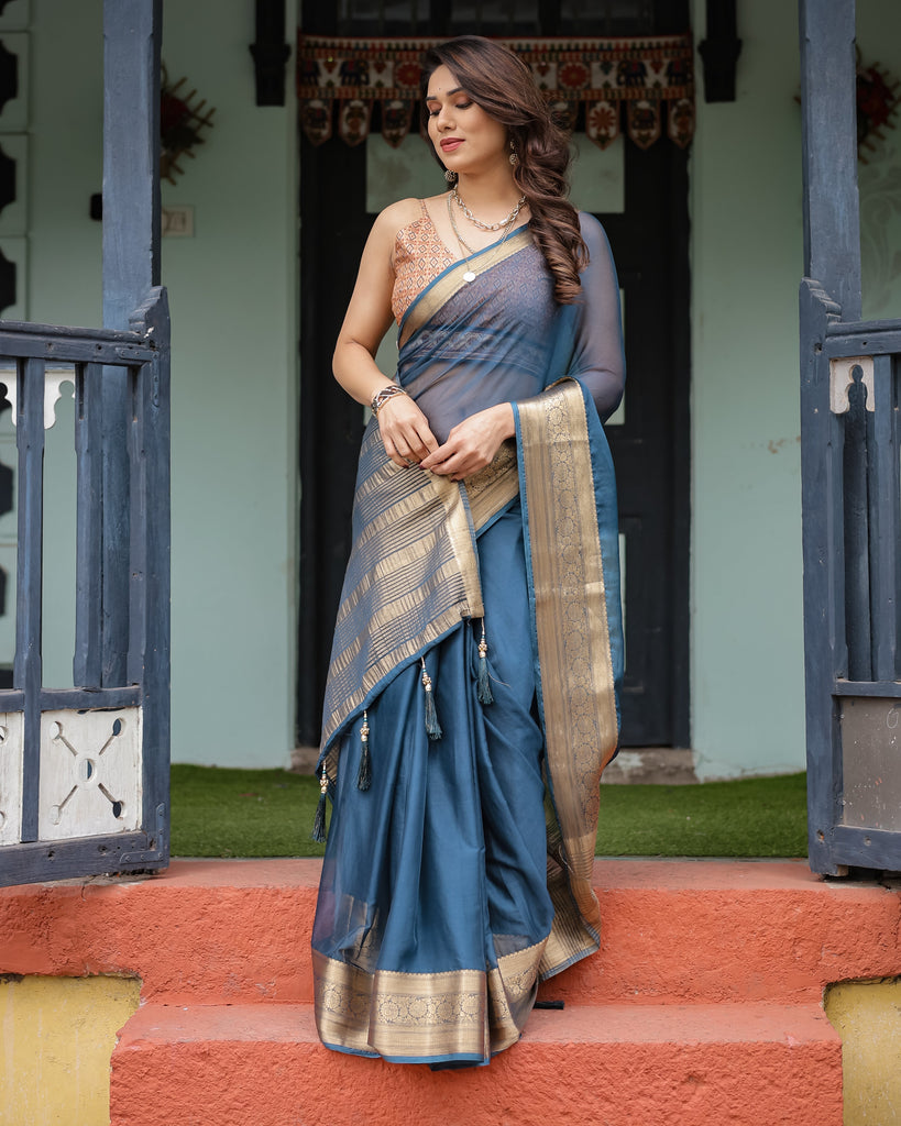 Teal Blue Plain Chiffon Saree with Gold Zari Border, Geometric Printed Blouse & Tassel Detailing CHIFFON