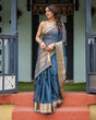 Load image into Gallery viewer, Teal Blue Plain Chiffon Saree with Gold Zari Border, Geometric Printed Blouse &amp; Tassel Detailing CHIFFON