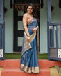 Load image into Gallery viewer, Teal Blue Plain Chiffon Saree with Gold Zari Border, Geometric Printed Blouse &amp; Tassel Detailing CHIFFON