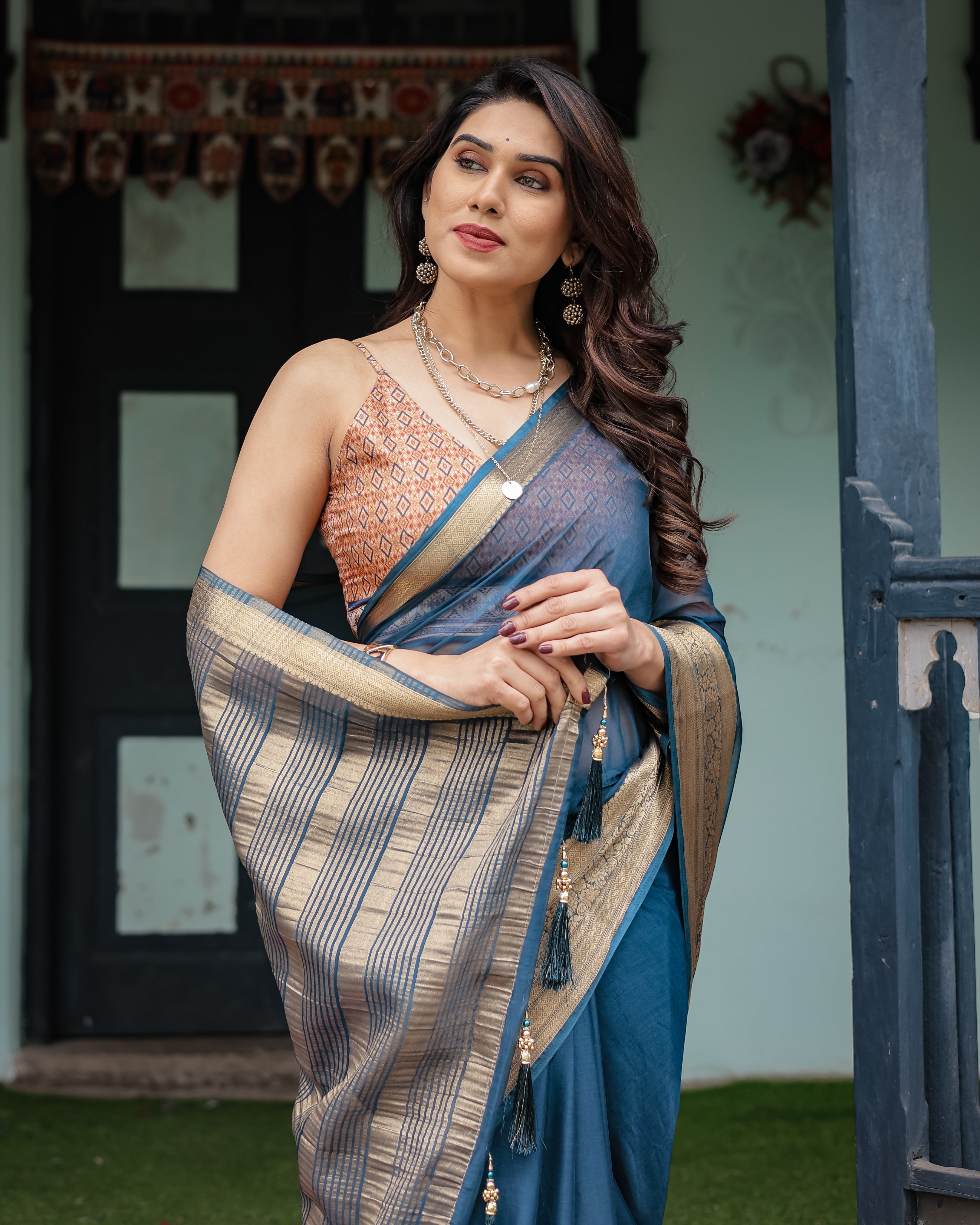 Teal Blue Plain Chiffon Saree with Gold Zari Border, Geometric Printed Blouse & Tassel Detailing CHIFFON