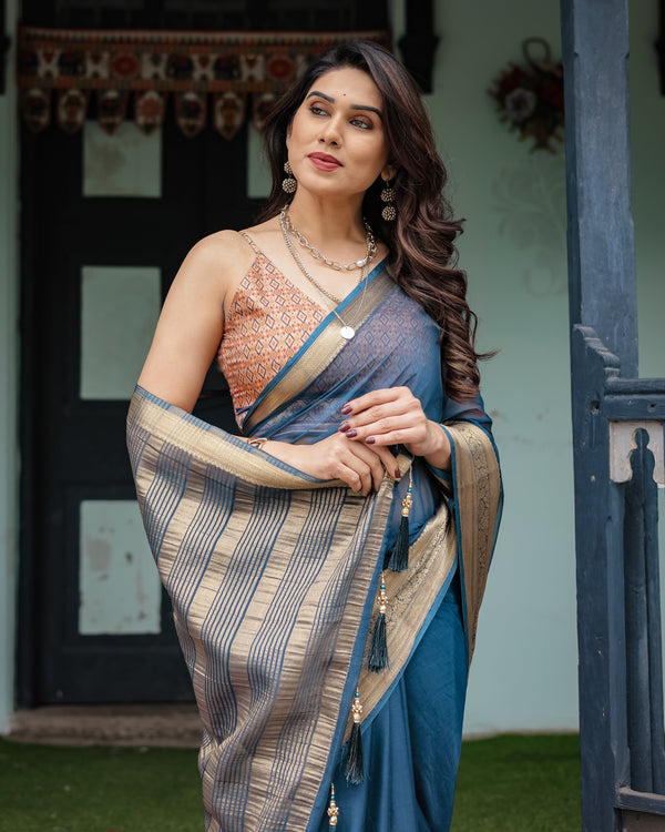 Teal Blue Plain Chiffon Saree with Gold Zari Border, Geometric Printed Blouse & Tassel Detailing CHIFFON
