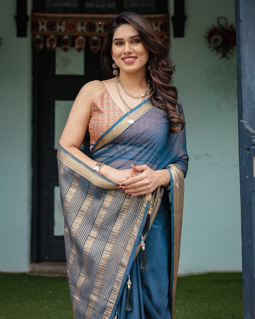 Teal Blue Plain Chiffon Saree with Gold Zari Border, Geometric Printed Blouse & Tassel Detailing CHIFFON