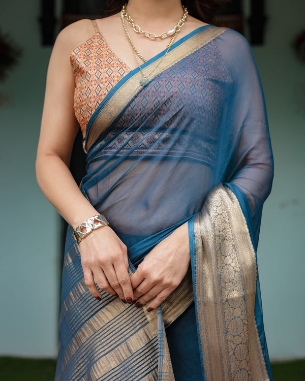 Teal Blue Plain Chiffon Saree with Gold Zari Border, Geometric Printed Blouse & Tassel Detailing CHIFFON
