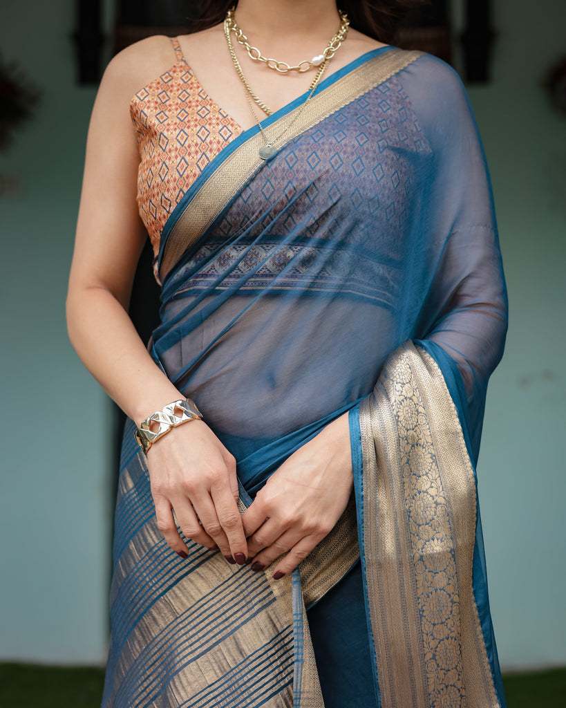 Teal Blue Plain Chiffon Saree with Gold Zari Border, Geometric Printed Blouse & Tassel Detailing CHIFFON
