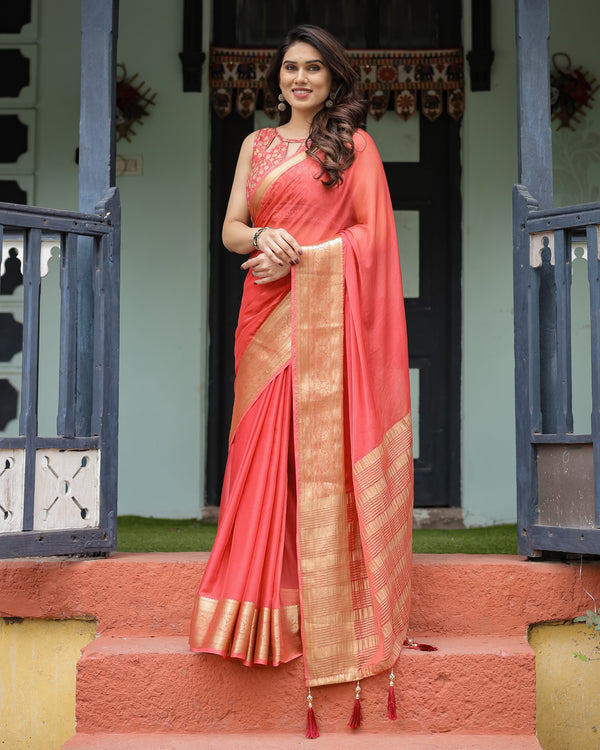 Graceful Coral Pink Plain Chiffon Saree with Gold Zari Border, Floral Embroidered Blouse & Tassel Detailing CHIFFON
