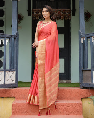 Graceful Coral Pink Plain Chiffon Saree with Gold Zari Border, Floral Embroidered Blouse & Tassel Detailing CHIFFON