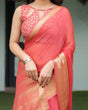 Load image into Gallery viewer, Graceful Coral Pink Plain Chiffon Saree with Gold Zari Border, Floral Embroidered Blouse &amp; Tassel Detailing CHIFFON