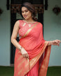 Load image into Gallery viewer, Graceful Coral Pink Plain Chiffon Saree with Gold Zari Border, Floral Embroidered Blouse &amp; Tassel Detailing CHIFFON