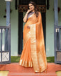 Load image into Gallery viewer, Elegant Tangerine Orange Plain Chiffon Saree with Gold Zari Border, Geometric Printed Blouse &amp; Tassel Detailing CHIFFON