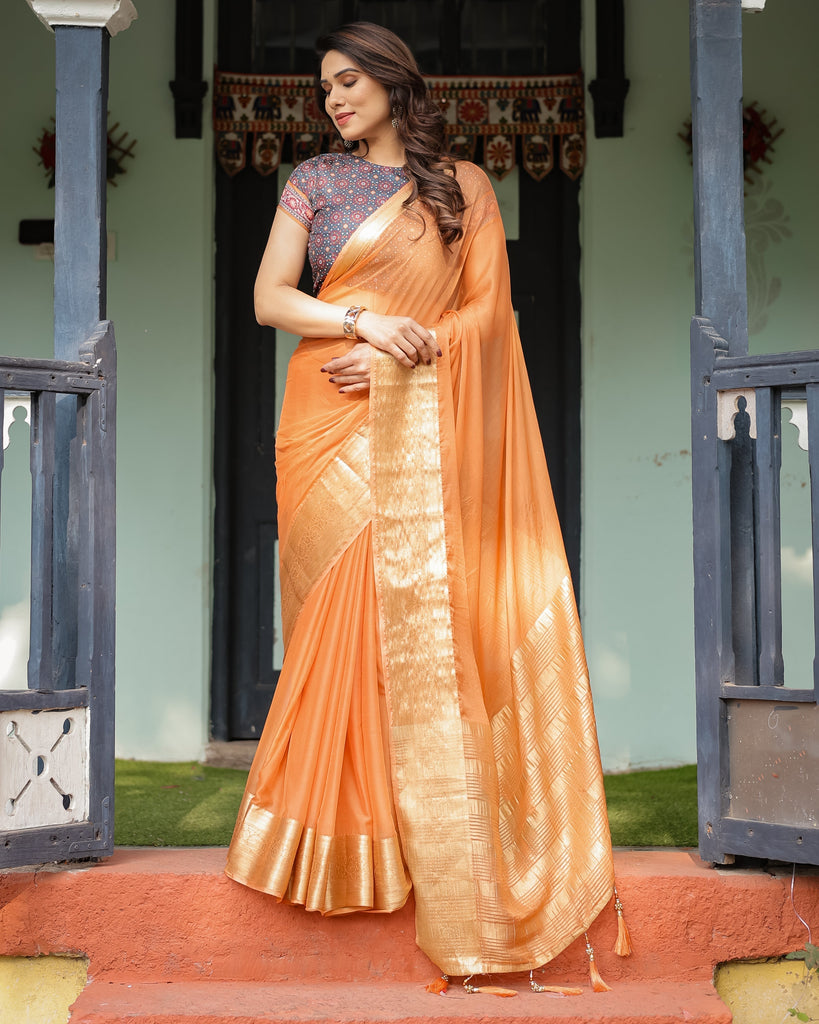 Elegant Tangerine Orange Plain Chiffon Saree with Gold Zari Border, Geometric Printed Blouse & Tassel Detailing CHIFFON