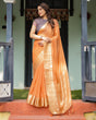 Load image into Gallery viewer, Elegant Tangerine Orange Plain Chiffon Saree with Gold Zari Border, Geometric Printed Blouse &amp; Tassel Detailing CHIFFON