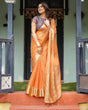 Load image into Gallery viewer, Elegant Tangerine Orange Plain Chiffon Saree with Gold Zari Border, Geometric Printed Blouse &amp; Tassel Detailing CHIFFON