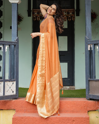 Elegant Tangerine Orange Plain Chiffon Saree with Gold Zari Border, Geometric Printed Blouse & Tassel Detailing CHIFFON