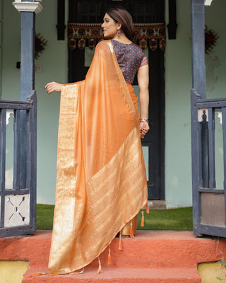 Elegant Tangerine Orange Plain Chiffon Saree with Gold Zari Border, Geometric Printed Blouse & Tassel Detailing CHIFFON