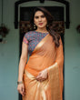 Load image into Gallery viewer, Elegant Tangerine Orange Plain Chiffon Saree with Gold Zari Border, Geometric Printed Blouse &amp; Tassel Detailing CHIFFON