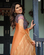Load image into Gallery viewer, Elegant Tangerine Orange Plain Chiffon Saree with Gold Zari Border, Geometric Printed Blouse &amp; Tassel Detailing CHIFFON
