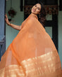 Load image into Gallery viewer, Elegant Tangerine Orange Plain Chiffon Saree with Gold Zari Border, Geometric Printed Blouse &amp; Tassel Detailing CHIFFON