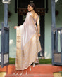 Load image into Gallery viewer, Ethereal Off-White Plain Chiffon Saree with Gold Zari Border, Intricate Floral Printed Blouse &amp; Tassel Detailing CHIFFON