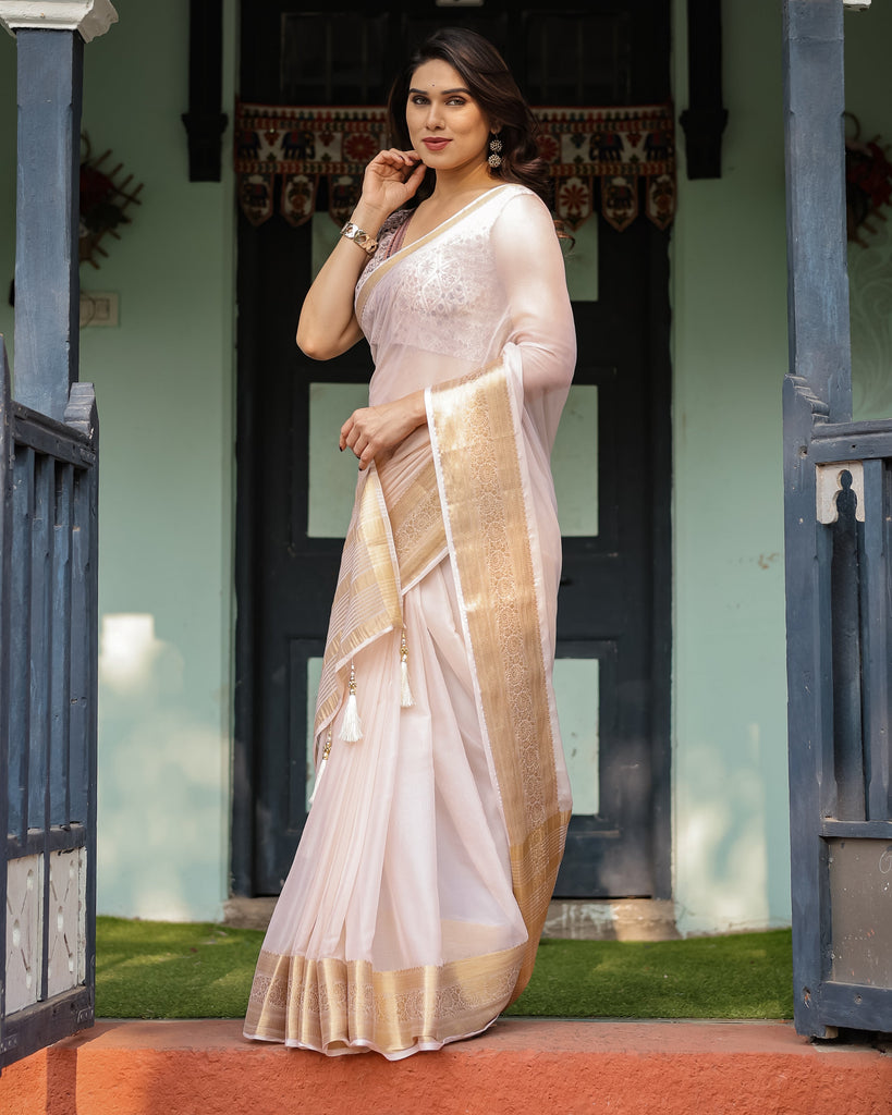 Ethereal Off-White Plain Chiffon Saree with Gold Zari Border, Intricate Floral Printed Blouse & Tassel Detailing CHIFFON