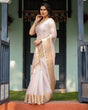 Load image into Gallery viewer, Ethereal Off-White Plain Chiffon Saree with Gold Zari Border, Intricate Floral Printed Blouse &amp; Tassel Detailing CHIFFON
