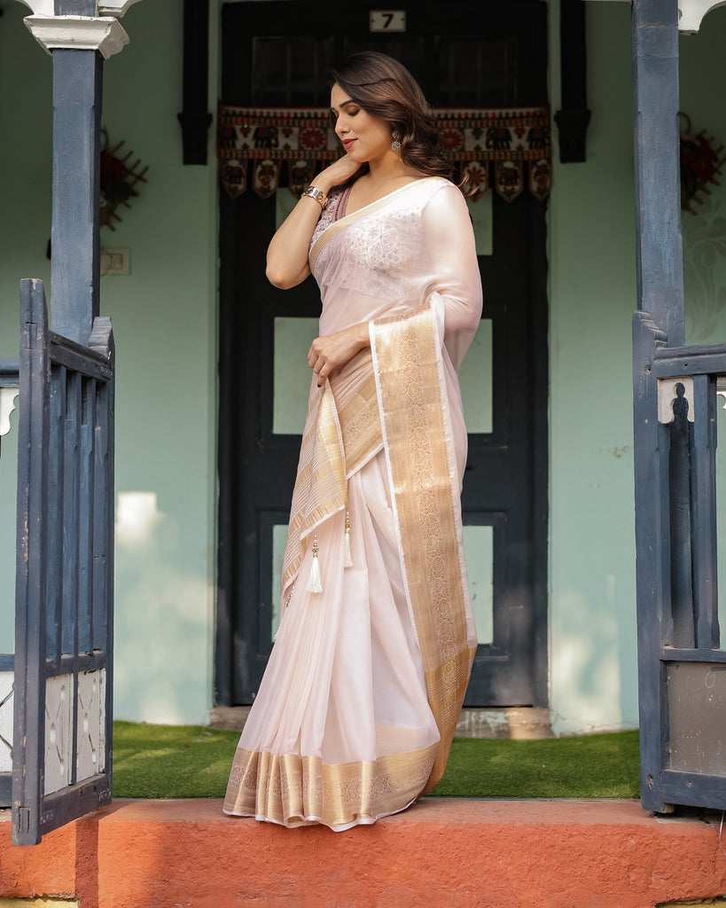 Ethereal Off-White Plain Chiffon Saree with Gold Zari Border, Intricate Floral Printed Blouse & Tassel Detailing CHIFFON