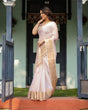 Load image into Gallery viewer, Ethereal Off-White Plain Chiffon Saree with Gold Zari Border, Intricate Floral Printed Blouse &amp; Tassel Detailing CHIFFON