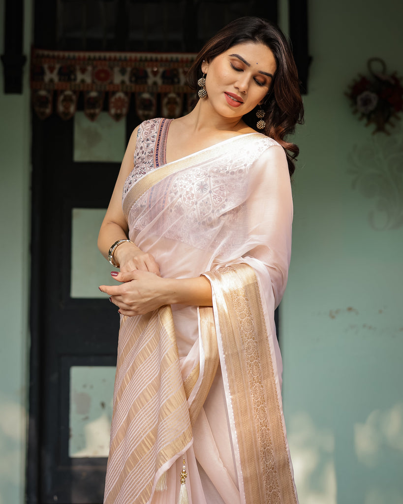 Ethereal Off-White Plain Chiffon Saree with Gold Zari Border, Intricate Floral Printed Blouse & Tassel Detailing CHIFFON