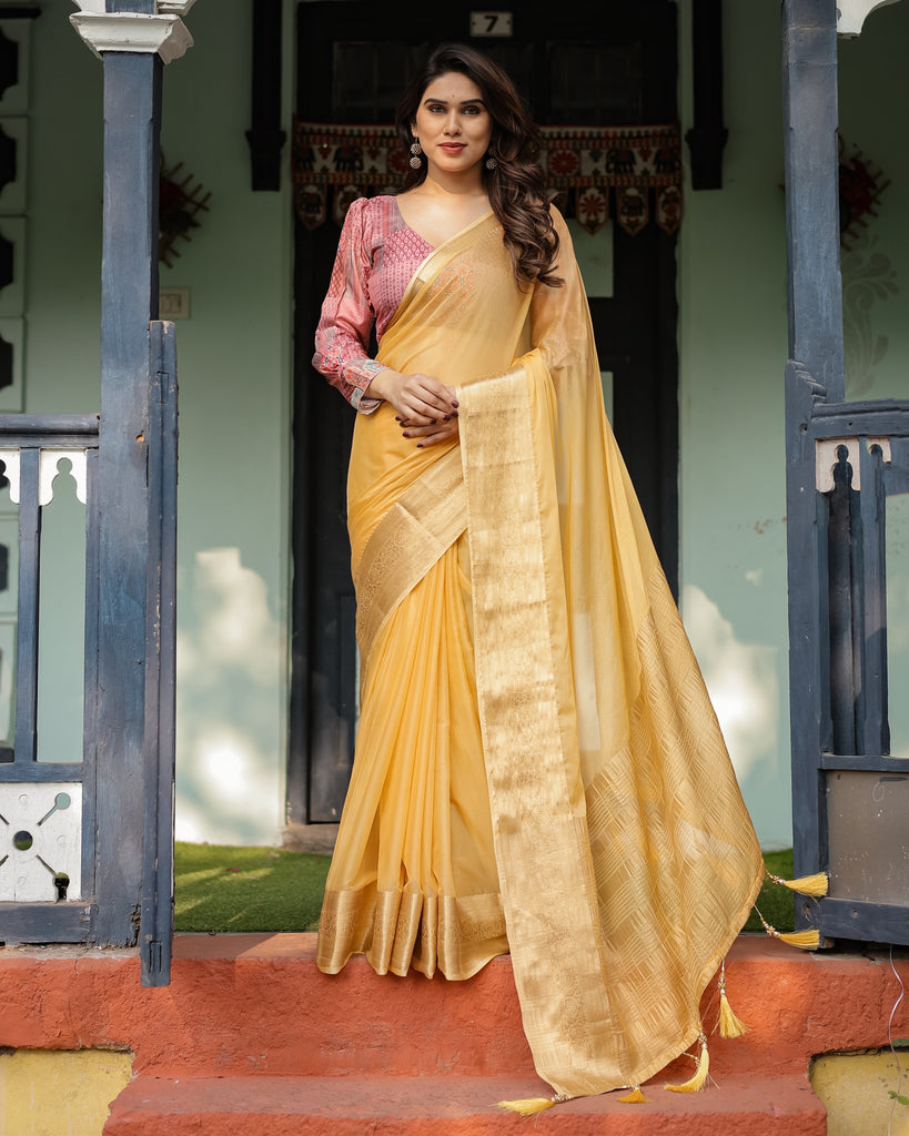 Radiant Mustard Yellow Plain Chiffon Saree with Gold Zari Border, Printed Designer Blouse & Tassel Detailing CHIFFON
