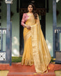 Load image into Gallery viewer, Radiant Mustard Yellow Plain Chiffon Saree with Gold Zari Border, Printed Designer Blouse &amp; Tassel Detailing CHIFFON