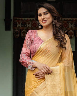 Radiant Mustard Yellow Plain Chiffon Saree with Gold Zari Border, Printed Designer Blouse & Tassel Detailing CHIFFON