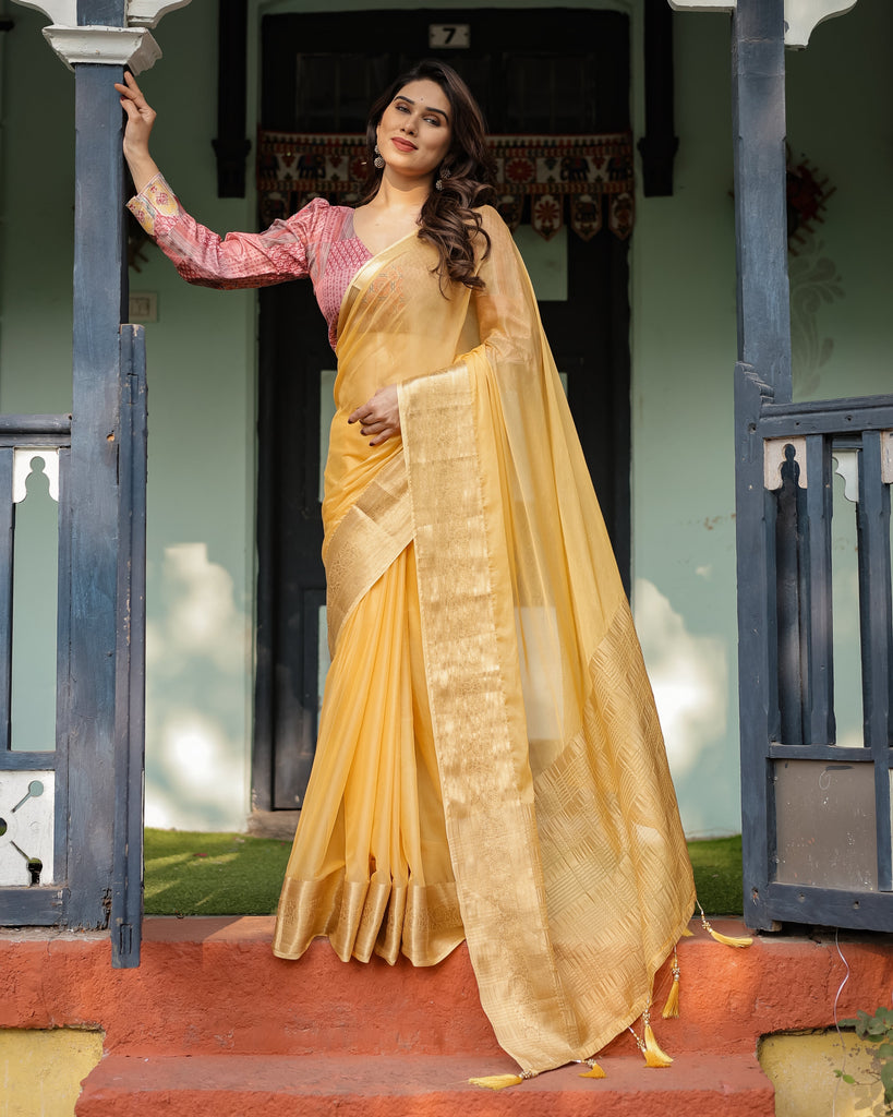 Radiant Mustard Yellow Plain Chiffon Saree with Gold Zari Border, Printed Designer Blouse & Tassel Detailing CHIFFON