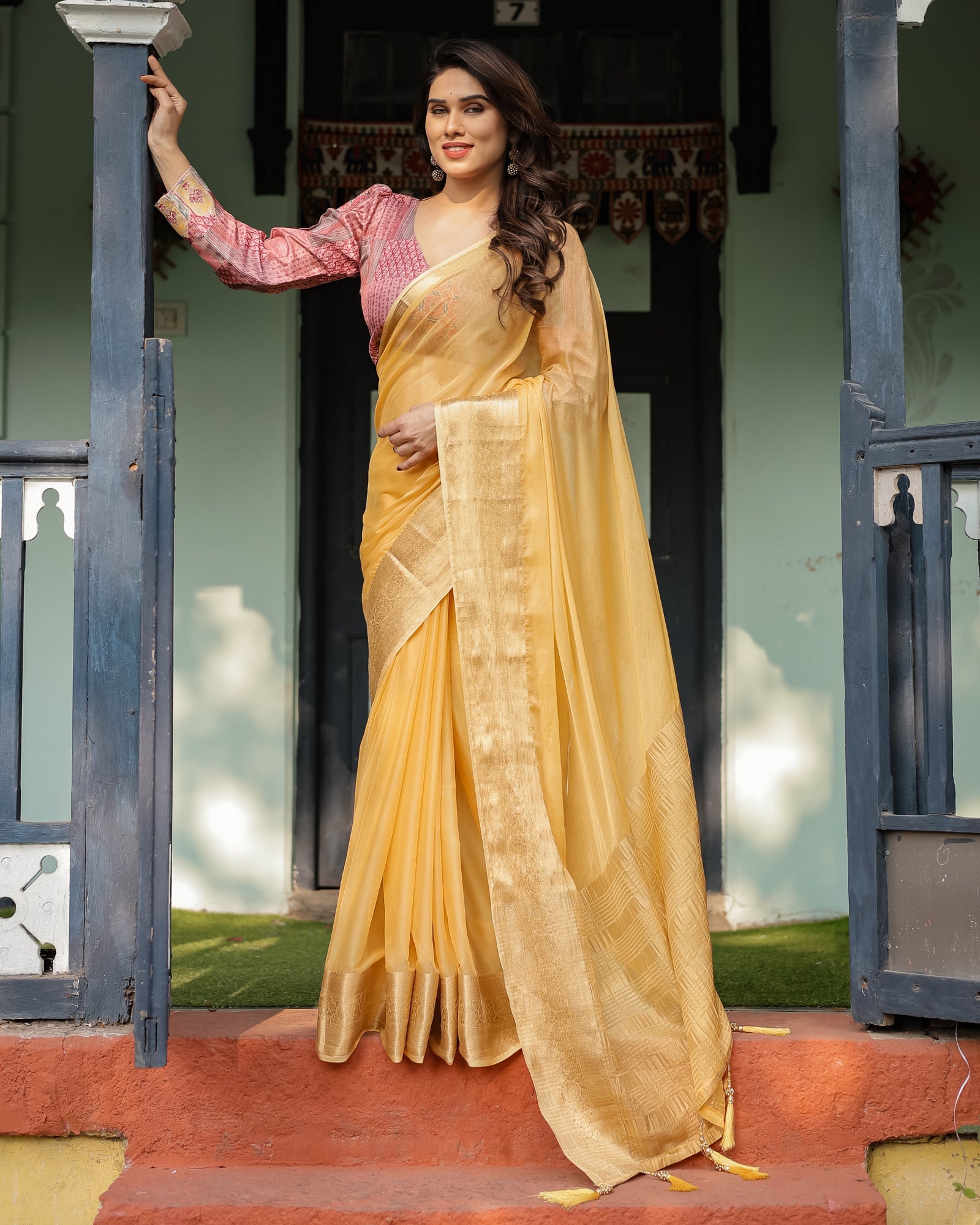 Radiant Mustard Yellow Plain Chiffon Saree with Gold Zari Border, Printed Designer Blouse & Tassel Detailing CHIFFON