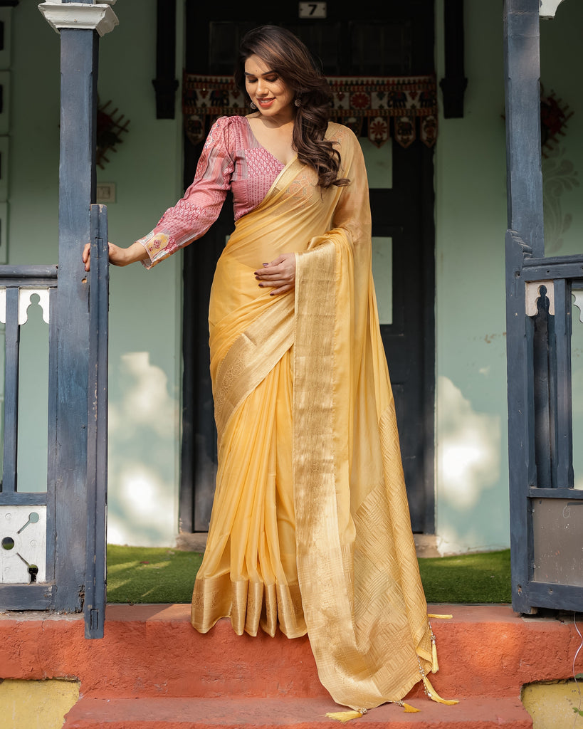 Radiant Mustard Yellow Plain Chiffon Saree with Gold Zari Border, Printed Designer Blouse & Tassel Detailing CHIFFON