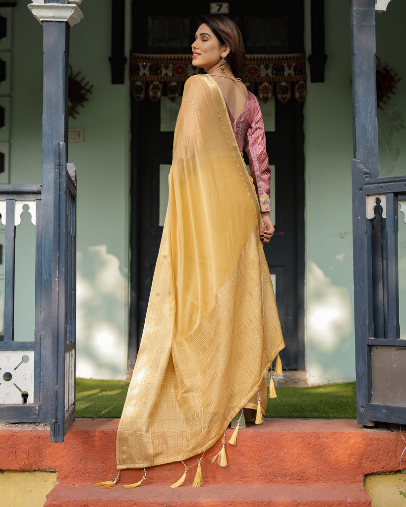 Radiant Mustard Yellow Plain Chiffon Saree with Gold Zari Border, Printed Designer Blouse & Tassel Detailing CHIFFON