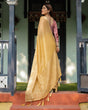 Load image into Gallery viewer, Radiant Mustard Yellow Plain Chiffon Saree with Gold Zari Border, Printed Designer Blouse &amp; Tassel Detailing CHIFFON