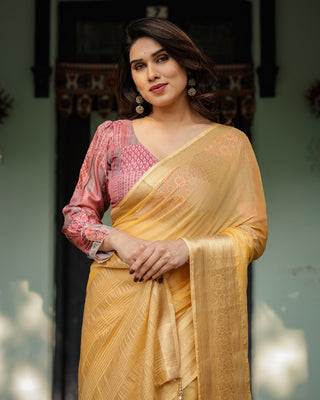 Radiant Mustard Yellow Plain Chiffon Saree with Gold Zari Border, Printed Designer Blouse & Tassel Detailing CHIFFON
