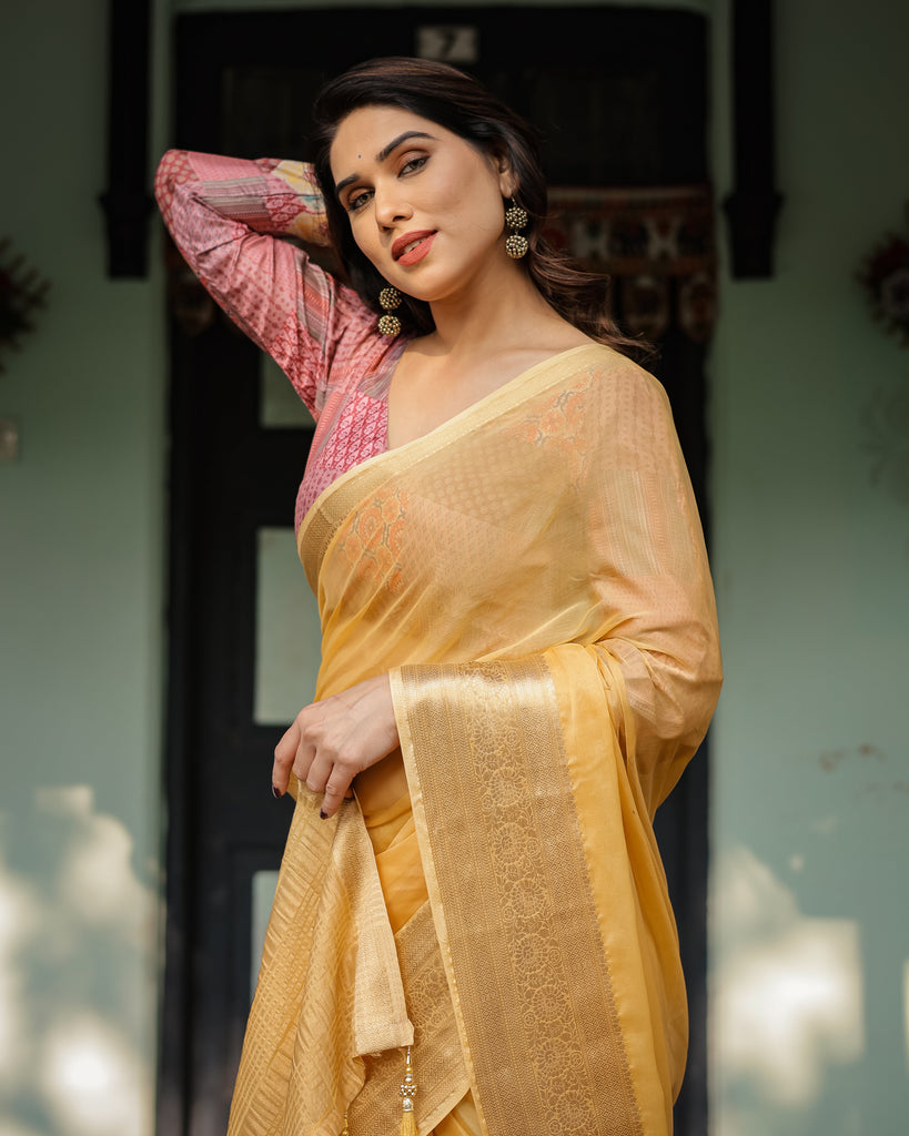 Radiant Mustard Yellow Plain Chiffon Saree with Gold Zari Border, Printed Designer Blouse & Tassel Detailing CHIFFON