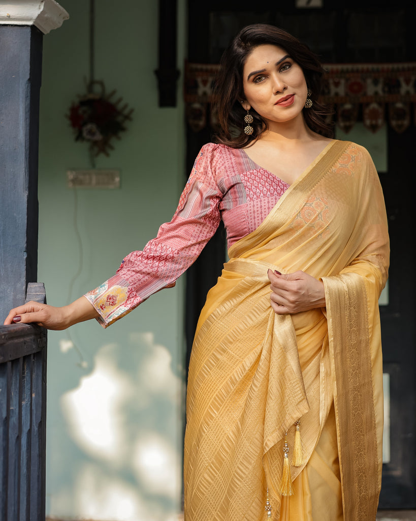 Radiant Mustard Yellow Plain Chiffon Saree with Gold Zari Border, Printed Designer Blouse & Tassel Detailing CHIFFON