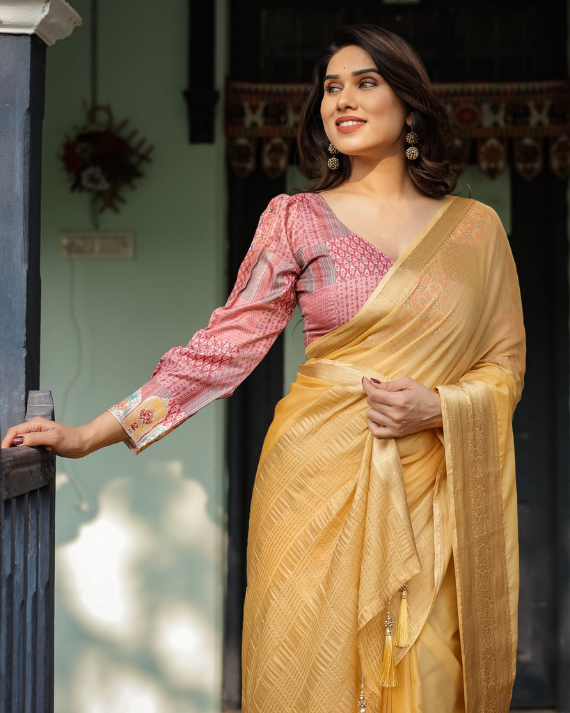 Radiant Mustard Yellow Plain Chiffon Saree with Gold Zari Border, Printed Designer Blouse & Tassel Detailing CHIFFON
