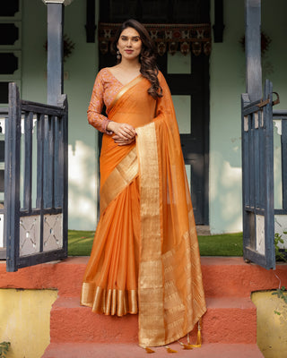 Sunset Orange Plain Chiffon Saree with Gold Zari Border, Floral Embroidered Blouse & Tassel Detailing CHIFFON