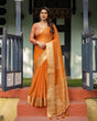 Load image into Gallery viewer, Sunset Orange Plain Chiffon Saree with Gold Zari Border, Floral Embroidered Blouse &amp; Tassel Detailing CHIFFON