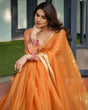 Load image into Gallery viewer, Sunset Orange Plain Chiffon Saree with Gold Zari Border, Floral Embroidered Blouse &amp; Tassel Detailing CHIFFON