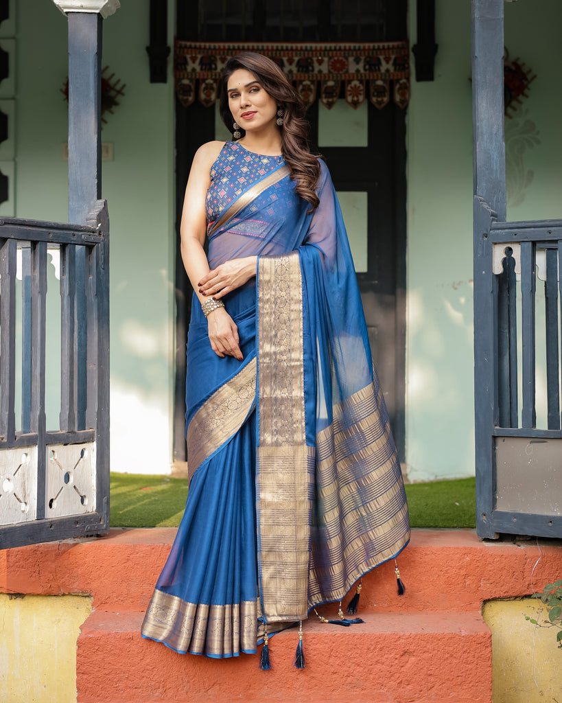 Royal Blue Plain Chiffon Saree with Gold Zari Border, Geometric Printed Blouse & Tassel Detailing CHIFFON